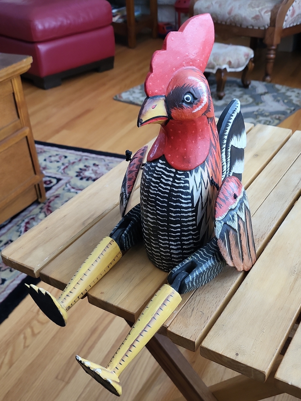 Vintage Hand-Painted Wooden Rooster Bird Figurine in Red and Black With Joints